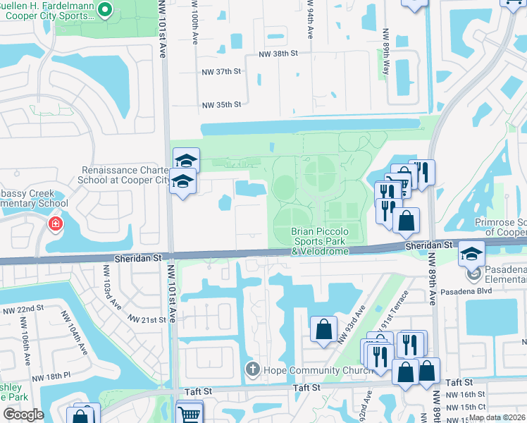 map of restaurants, bars, coffee shops, grocery stores, and more near 9620 Northwest 28th Street in Hollywood