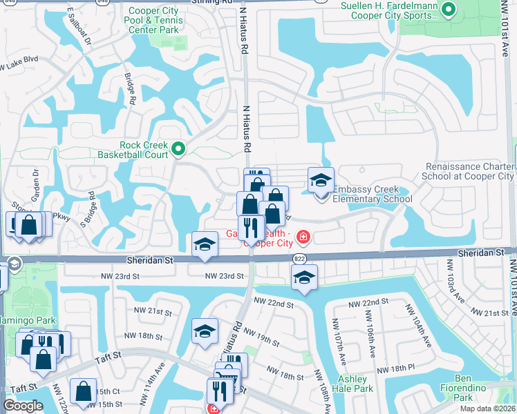map of restaurants, bars, coffee shops, grocery stores, and more near 2695 North Hiatus Road in Hollywood