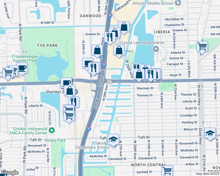 map of restaurants, bars, coffee shops, grocery stores, and more near 2725 Sherman Street in Hollywood