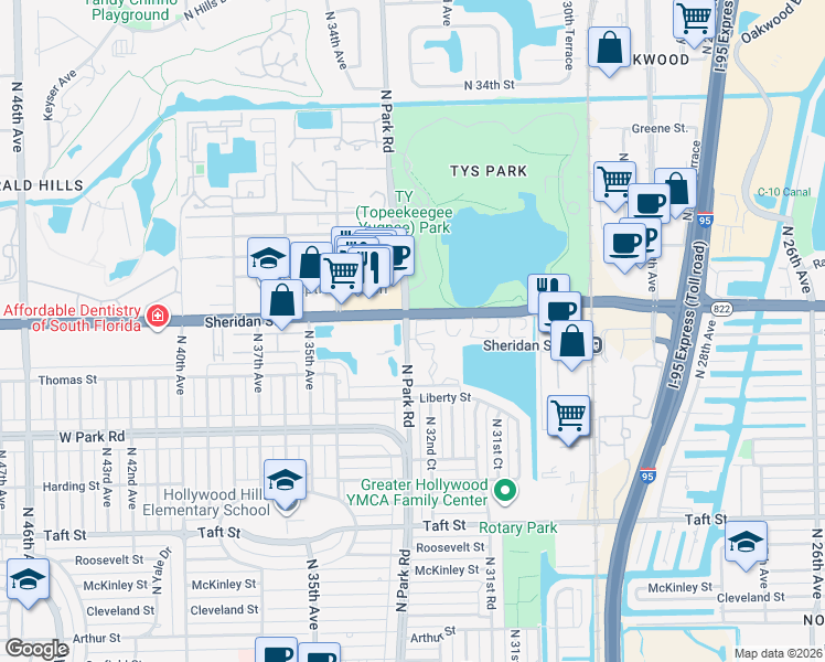 map of restaurants, bars, coffee shops, grocery stores, and more near 2410 Sheridan Lane in Hollywood