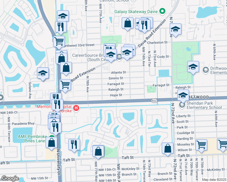 map of restaurants, bars, coffee shops, grocery stores, and more near 7610 Raleigh Street in Hollywood