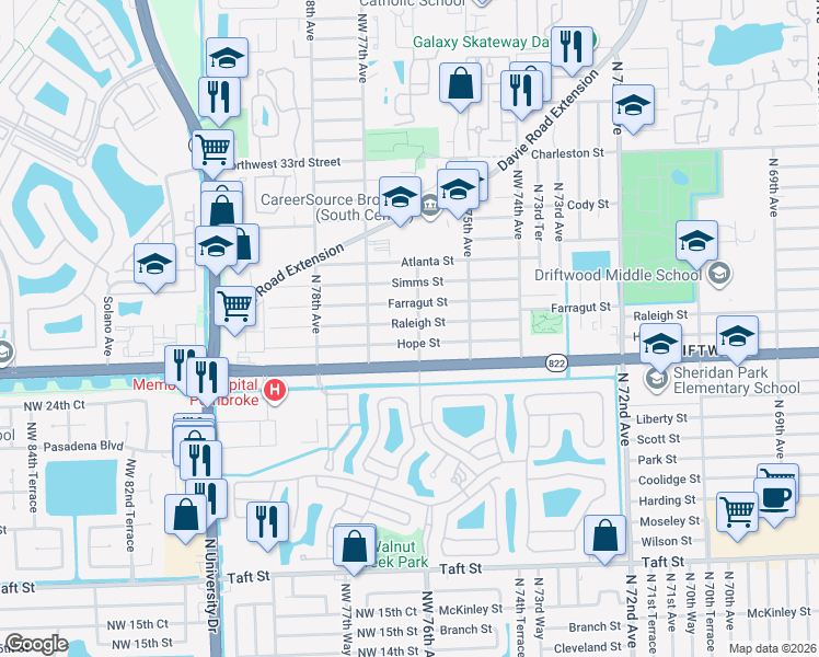 map of restaurants, bars, coffee shops, grocery stores, and more near 7610 Raleigh Street in Hollywood