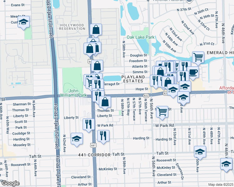 map of restaurants, bars, coffee shops, grocery stores, and more near 5827 Sheridan Street in Hollywood
