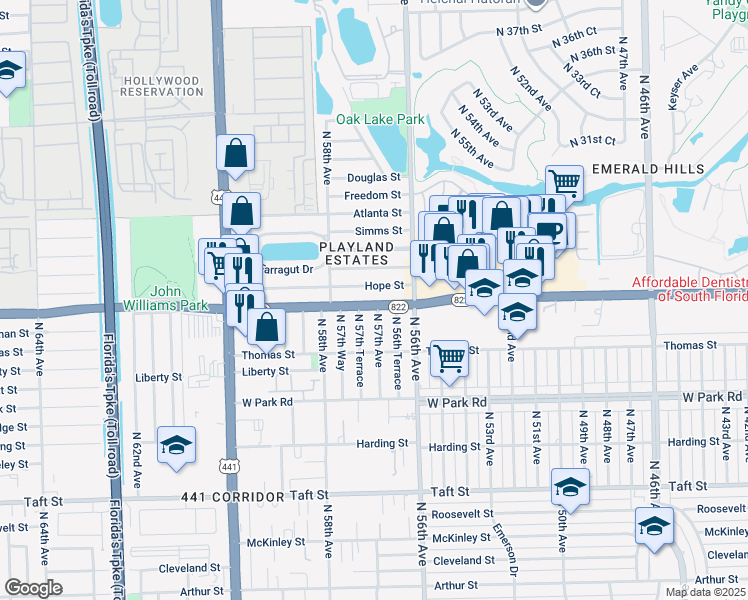 map of restaurants, bars, coffee shops, grocery stores, and more near 5641 Florida 822 in Hollywood