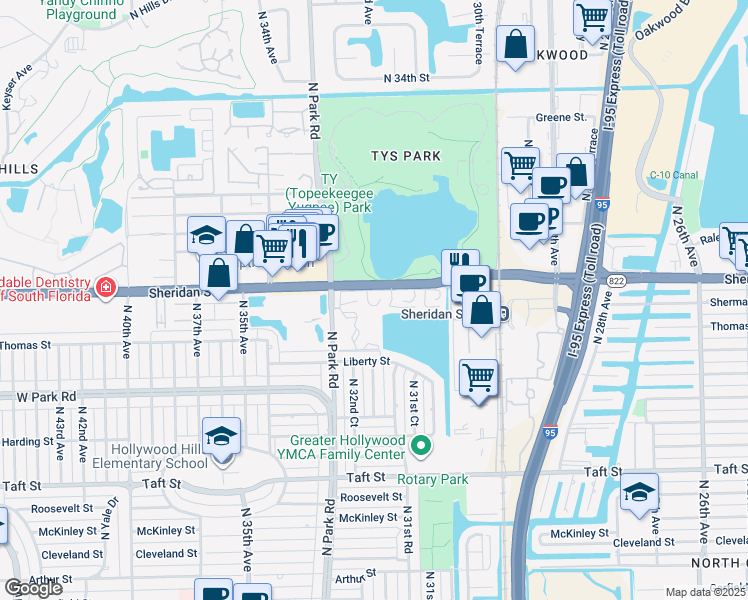 map of restaurants, bars, coffee shops, grocery stores, and more near 3134 Byron Circle in Hollywood