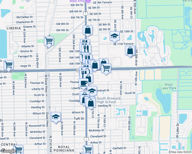 map of restaurants, bars, coffee shops, grocery stores, and more near 1715 Thomas Street in Hollywood