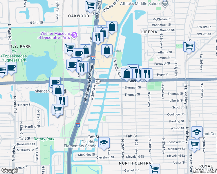 map of restaurants, bars, coffee shops, grocery stores, and more near 2647 Sherman Street in Hollywood