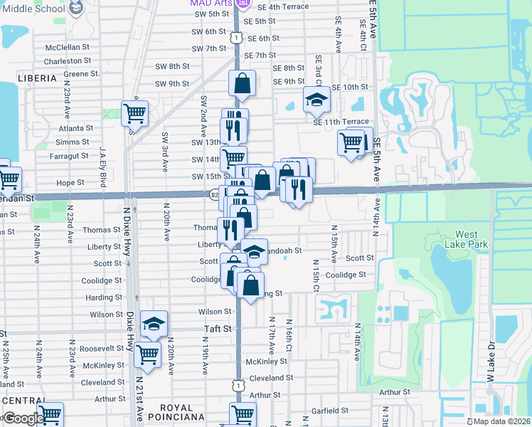 map of restaurants, bars, coffee shops, grocery stores, and more near 1723 Thomas Street in Hollywood