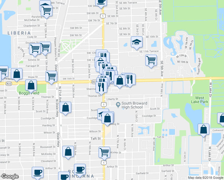 map of restaurants, bars, coffee shops, grocery stores, and more near 1723 Thomas Street in Hollywood