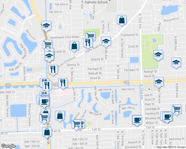 map of restaurants, bars, coffee shops, grocery stores, and more near 7610 Raleigh Street in Hollywood