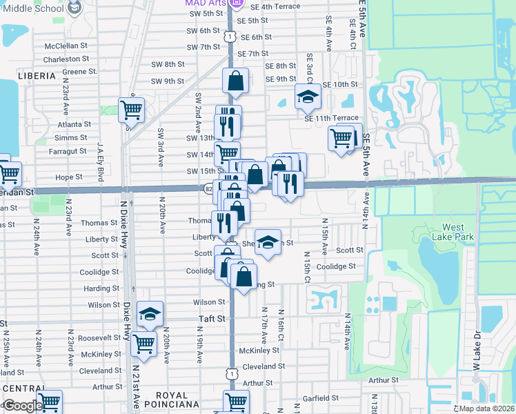 map of restaurants, bars, coffee shops, grocery stores, and more near 1715 Thomas Street in Hollywood
