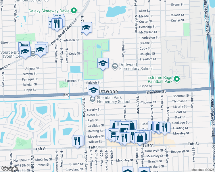 map of restaurants, bars, coffee shops, grocery stores, and more near 7031 Hope Street in Hollywood