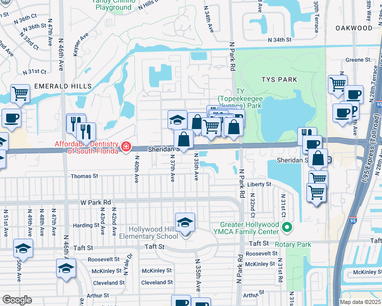 map of restaurants, bars, coffee shops, grocery stores, and more near 2408 Camino Sheridan Vlls in Hollywood