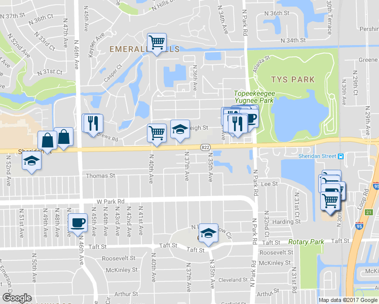 map of restaurants, bars, coffee shops, grocery stores, and more near 2463 North 37th Avenue in Hollywood