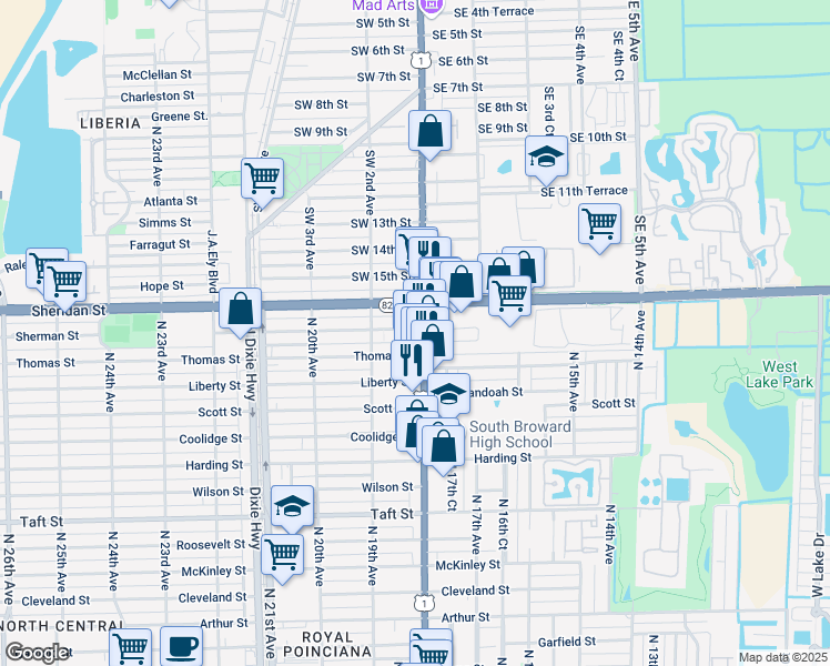 map of restaurants, bars, coffee shops, grocery stores, and more near 2342 U.S. 1 in Hollywood