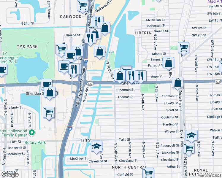 map of restaurants, bars, coffee shops, grocery stores, and more near 2611 Sherman Street in Hollywood