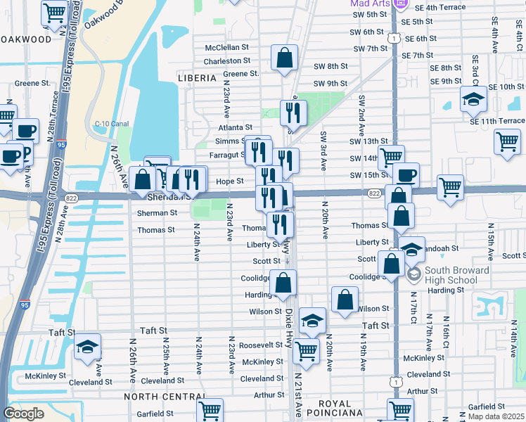 map of restaurants, bars, coffee shops, grocery stores, and more near 2400 North 22nd Avenue in Hollywood