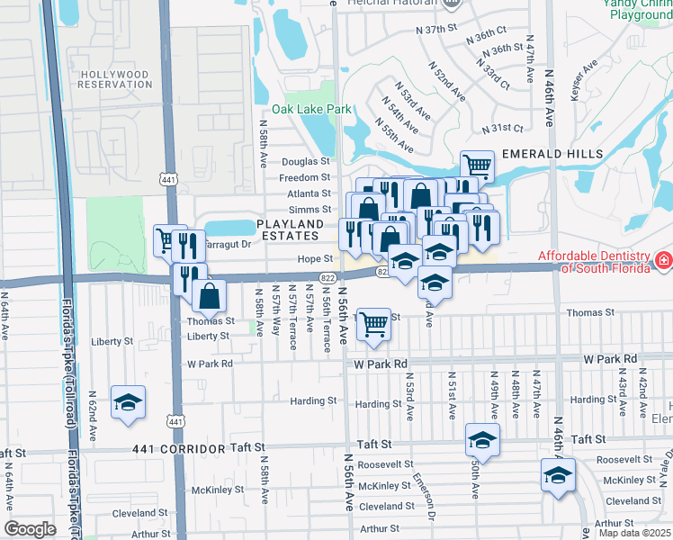 map of restaurants, bars, coffee shops, grocery stores, and more near 5601 Sheridan Street in Hollywood