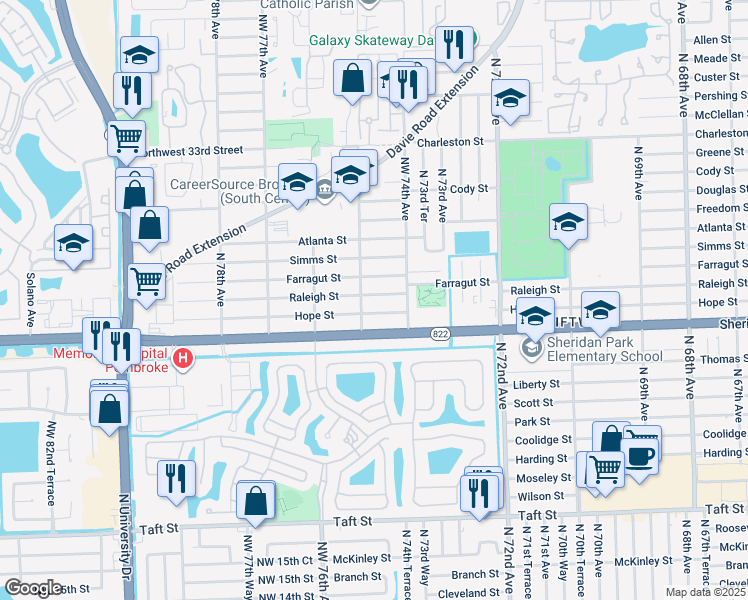 map of restaurants, bars, coffee shops, grocery stores, and more near 7470 Raleigh Street in Hollywood
