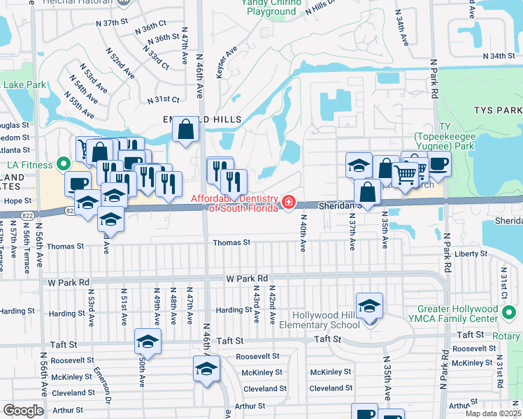 map of restaurants, bars, coffee shops, grocery stores, and more near 4300 Florida 822 in Hollywood