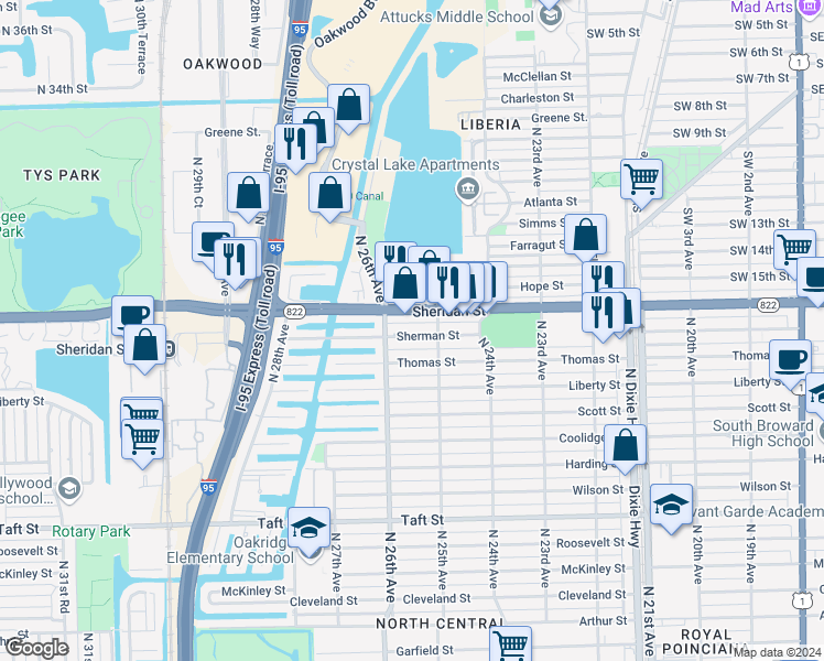 map of restaurants, bars, coffee shops, grocery stores, and more near 2527 Sherman Street in Hollywood