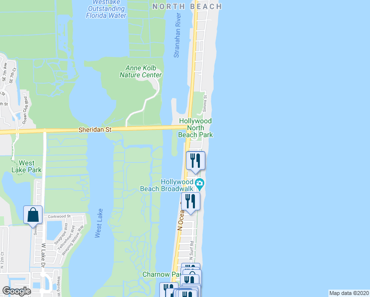 map of restaurants, bars, coffee shops, grocery stores, and more near 3418 North Ocean Drive in Hollywood