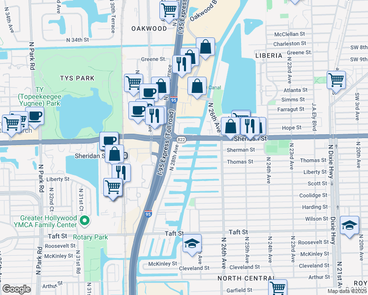 map of restaurants, bars, coffee shops, grocery stores, and more near 2725 Sherman Street in Hollywood