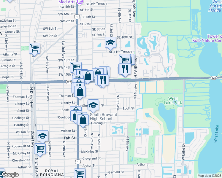 map of restaurants, bars, coffee shops, grocery stores, and more near 1610 Sheridan Street in Hollywood