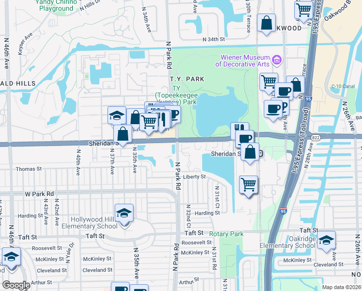 map of restaurants, bars, coffee shops, grocery stores, and more near 2410 Sheridan Lane in Hollywood