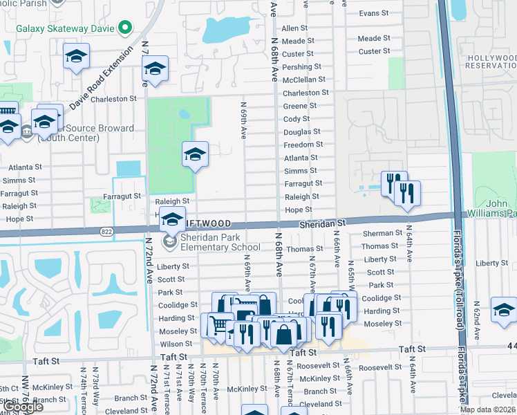 map of restaurants, bars, coffee shops, grocery stores, and more near 6871 Hope Street in Hollywood