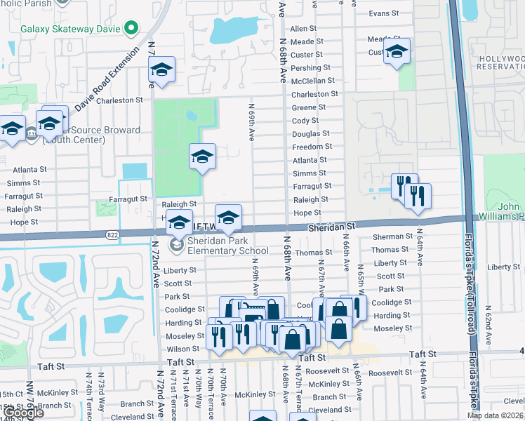 map of restaurants, bars, coffee shops, grocery stores, and more near 6871 Hope Street in Hollywood