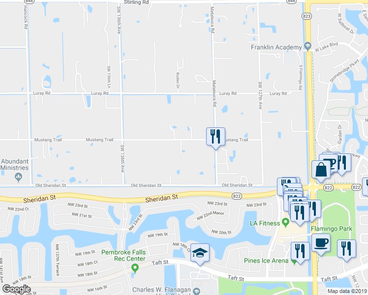 map of restaurants, bars, coffee shops, grocery stores, and more near 13200 Mustang Trail in Southwest Ranches