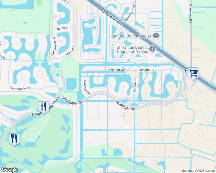 map of restaurants, bars, coffee shops, grocery stores, and more near 3175 Serena Lane in Naples