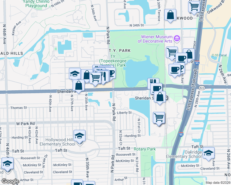 map of restaurants, bars, coffee shops, grocery stores, and more near 2410 Sheridan Lane in Hollywood