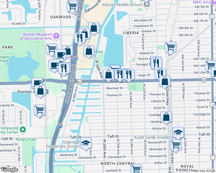 map of restaurants, bars, coffee shops, grocery stores, and more near 2527 Sherman Street in Hollywood