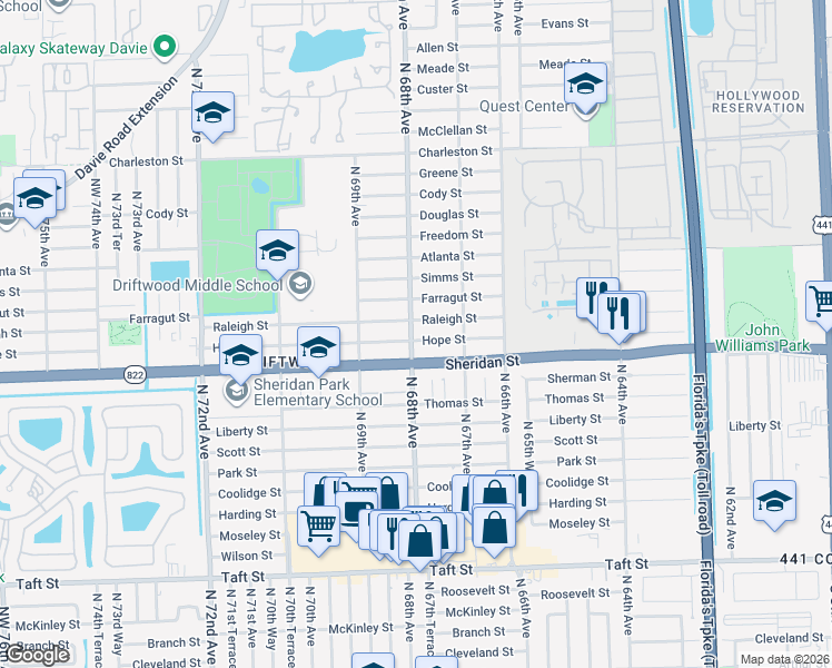 map of restaurants, bars, coffee shops, grocery stores, and more near 6791 Hope Street in Hollywood