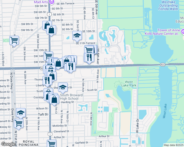 map of restaurants, bars, coffee shops, grocery stores, and more near 1400 Sheridan Street in Hollywood
