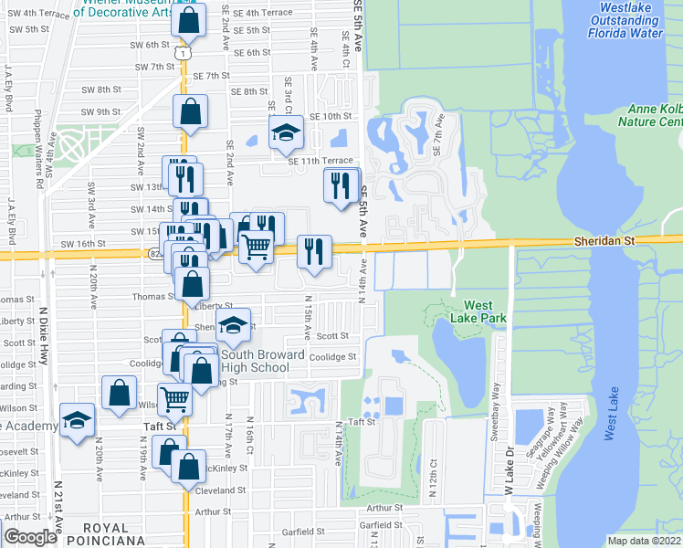 map of restaurants, bars, coffee shops, grocery stores, and more near 1400 Sheridan Street in Hollywood