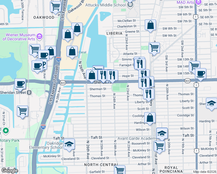 map of restaurants, bars, coffee shops, grocery stores, and more near 2437 Sherman Street in Hollywood