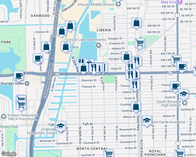 map of restaurants, bars, coffee shops, grocery stores, and more near 2437 Sherman Street in Hollywood