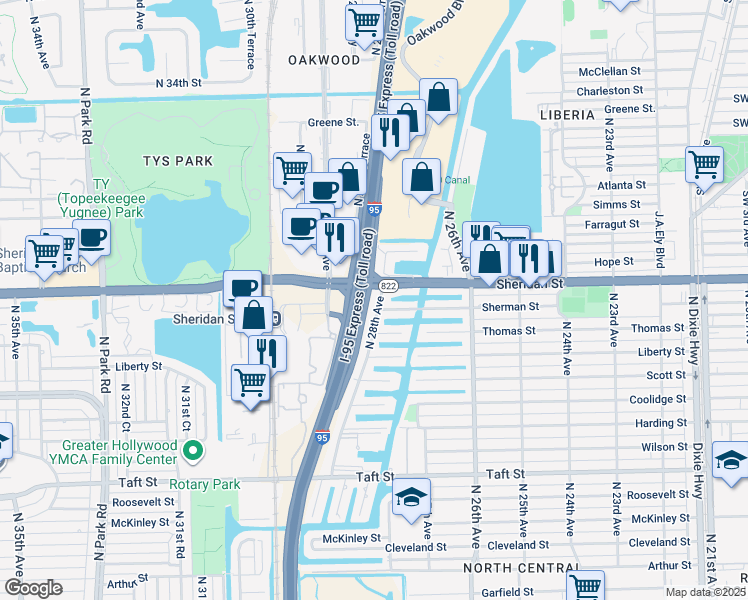map of restaurants, bars, coffee shops, grocery stores, and more near 2725 Sherman Street in Hollywood