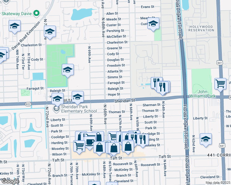 map of restaurants, bars, coffee shops, grocery stores, and more near 6721 Hope Street in Hollywood