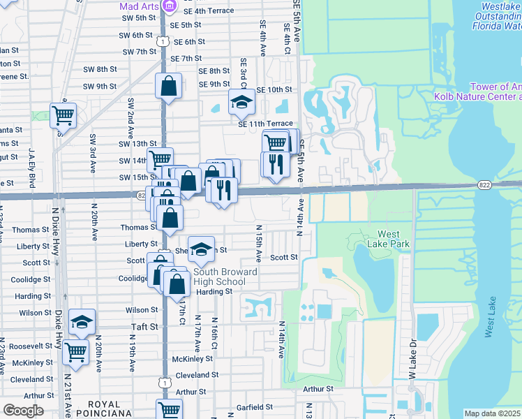 map of restaurants, bars, coffee shops, grocery stores, and more near 1470 Sheridan Street in Hollywood