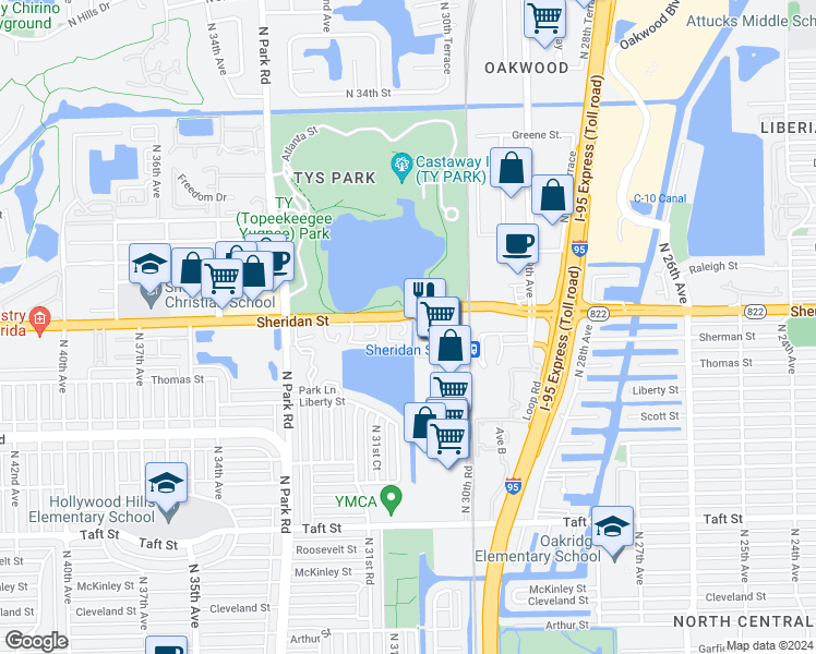 map of restaurants, bars, coffee shops, grocery stores, and more near 2457 Garland Circle in Hollywood