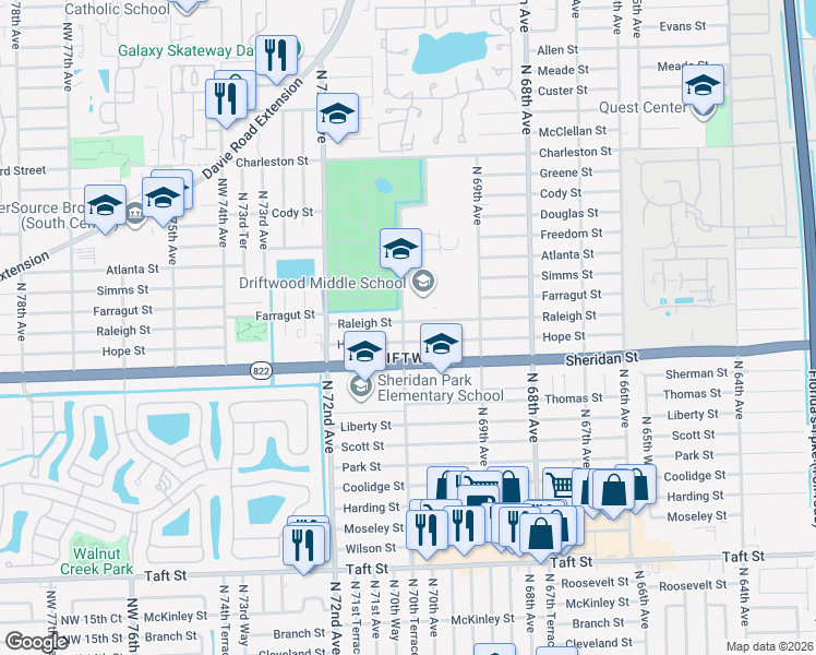 map of restaurants, bars, coffee shops, grocery stores, and more near 7031 Hope Street in Hollywood