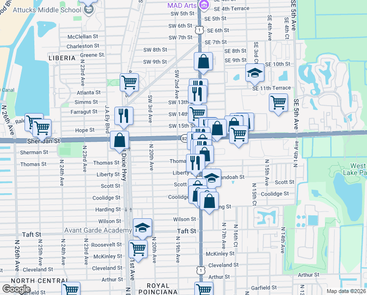 map of restaurants, bars, coffee shops, grocery stores, and more near 1856 Sherman Street in Hollywood