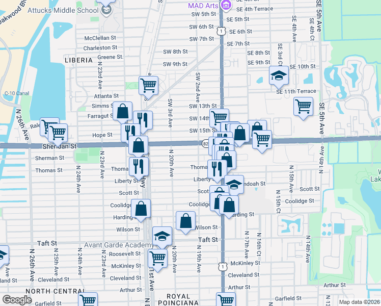 map of restaurants, bars, coffee shops, grocery stores, and more near 1936 Sherman Street in Hollywood