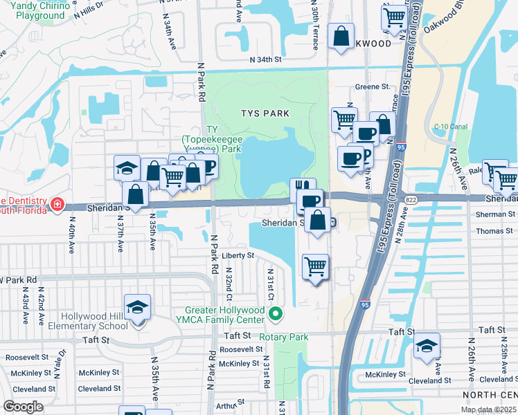 map of restaurants, bars, coffee shops, grocery stores, and more near 2428 Dickens Circle in Hollywood