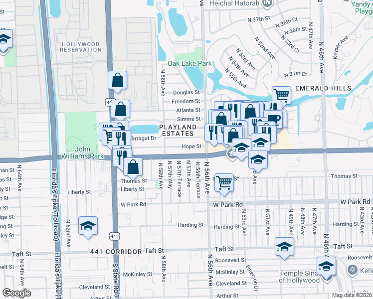 map of restaurants, bars, coffee shops, grocery stores, and more near 5641 Florida 822 in Hollywood