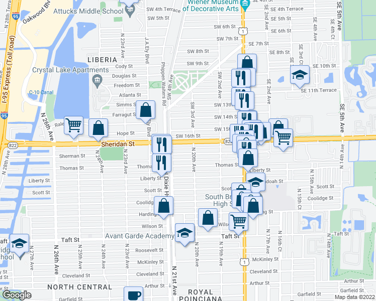 map of restaurants, bars, coffee shops, grocery stores, and more near 2017 Sherman Street in Hollywood